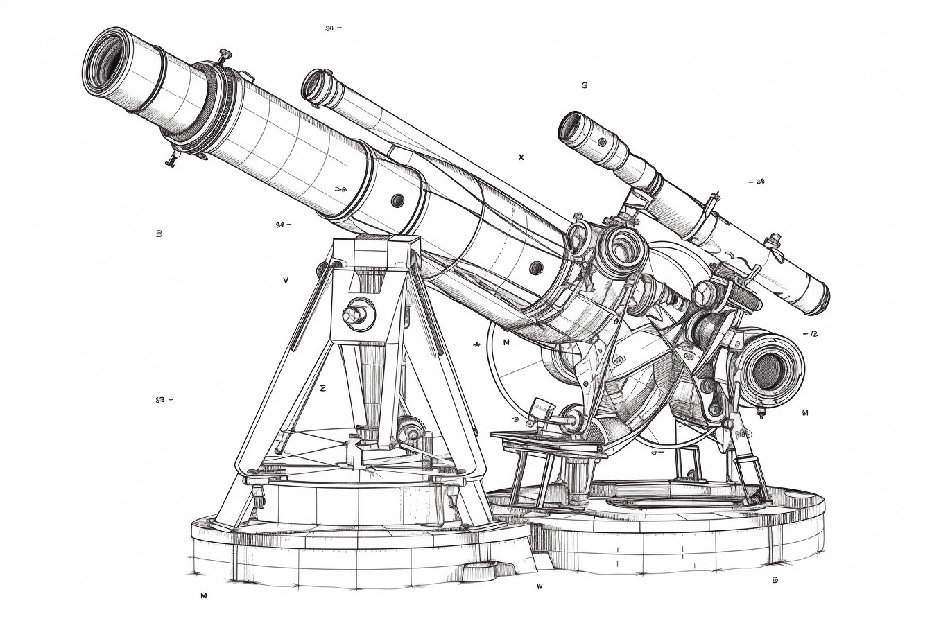 A black and white outline of a telescope, with clean lines and simple shapes that highlight the intricate mechanics of the instrument.