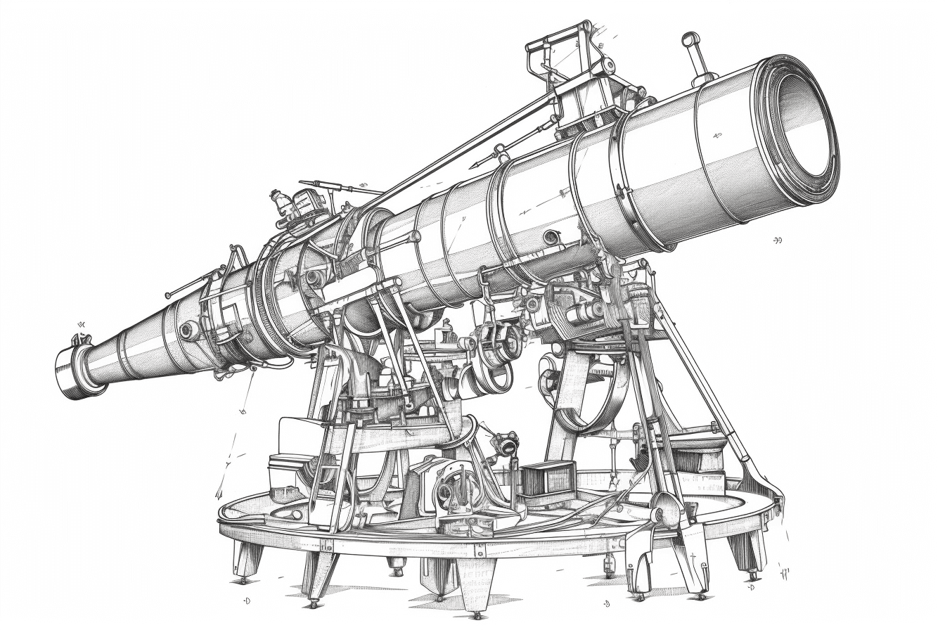 A black and white outline of a telescope, with clean lines and simple shapes that highlight the intricate mechanics of the instrument.