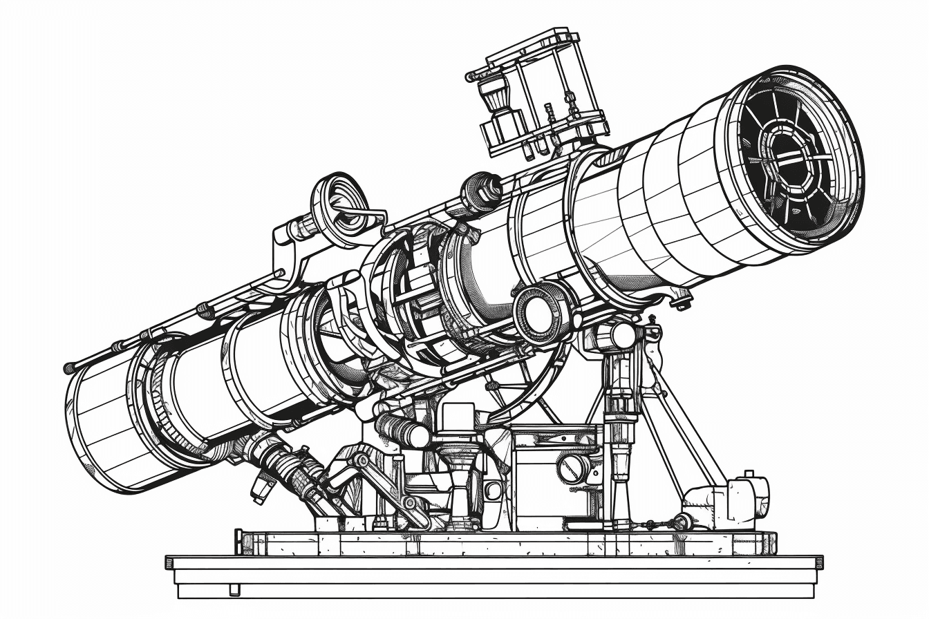 A black and white outline of a telescope, with clean lines and simple shapes that highlight the intricate mechanics of the instrument.