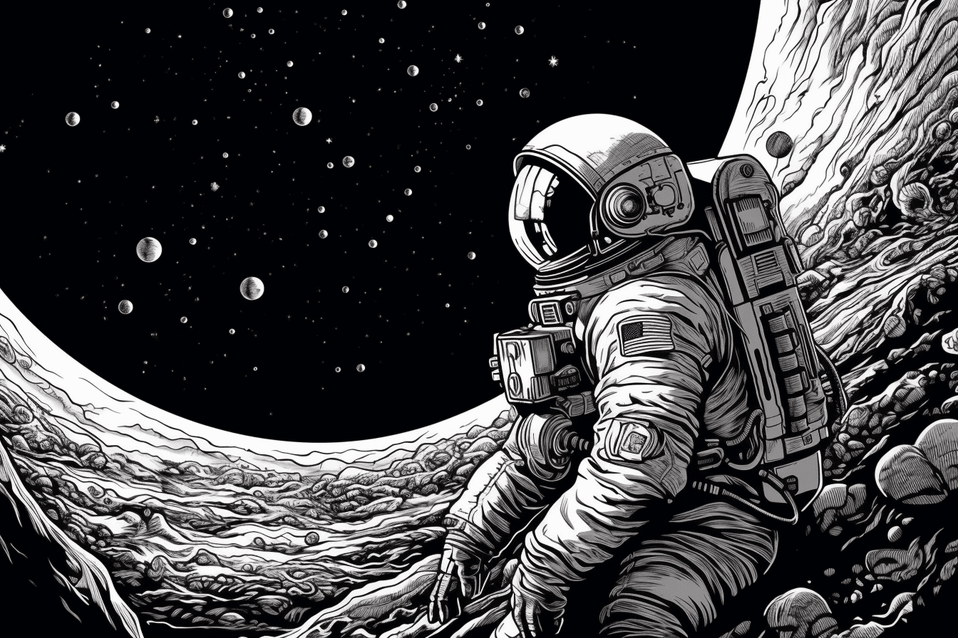 A black and white outline of an astronaut exploring a distant planet, with intricate details and shading.