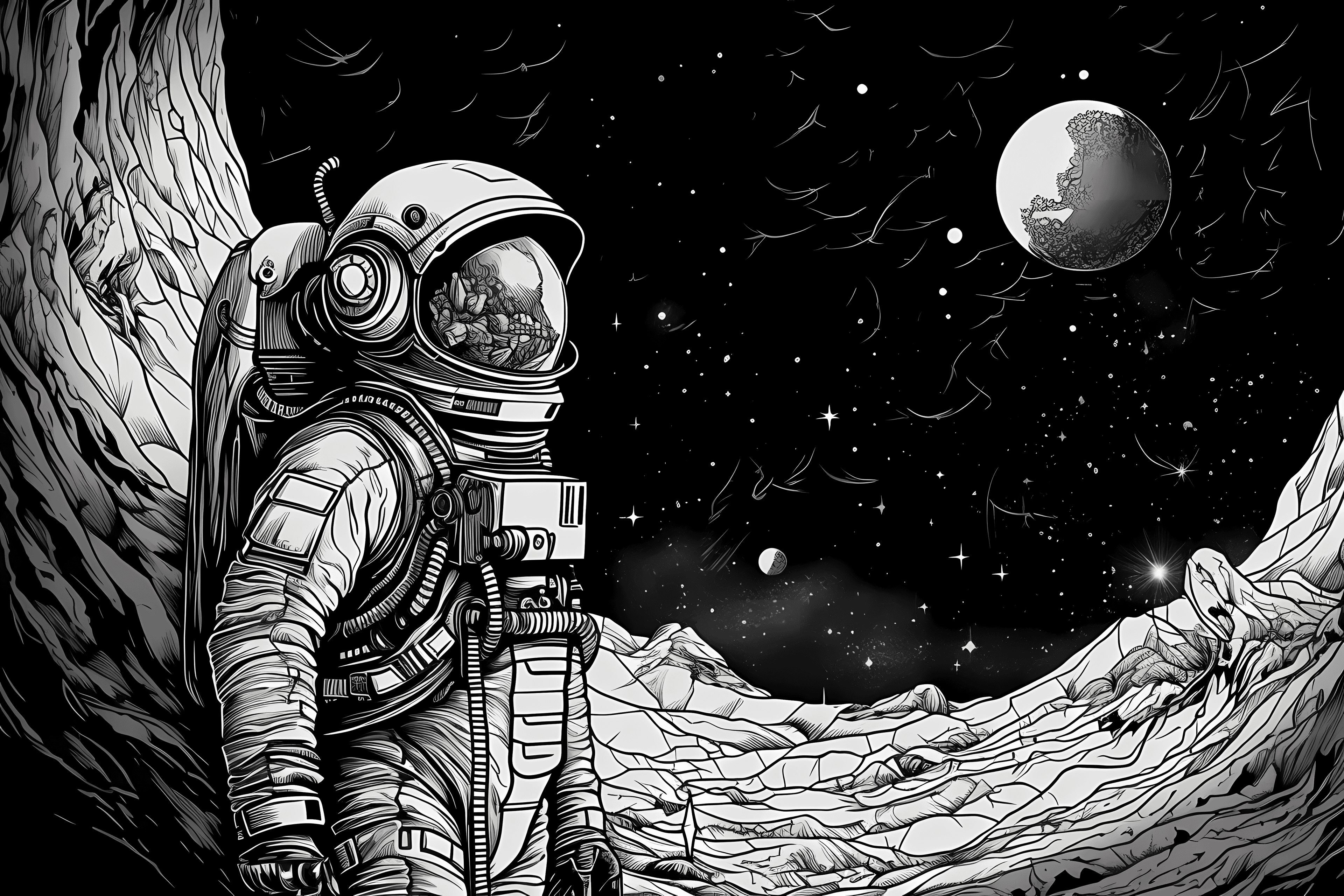 A black and white outline of an astronaut exploring a distant planet, with intricate details and shading.