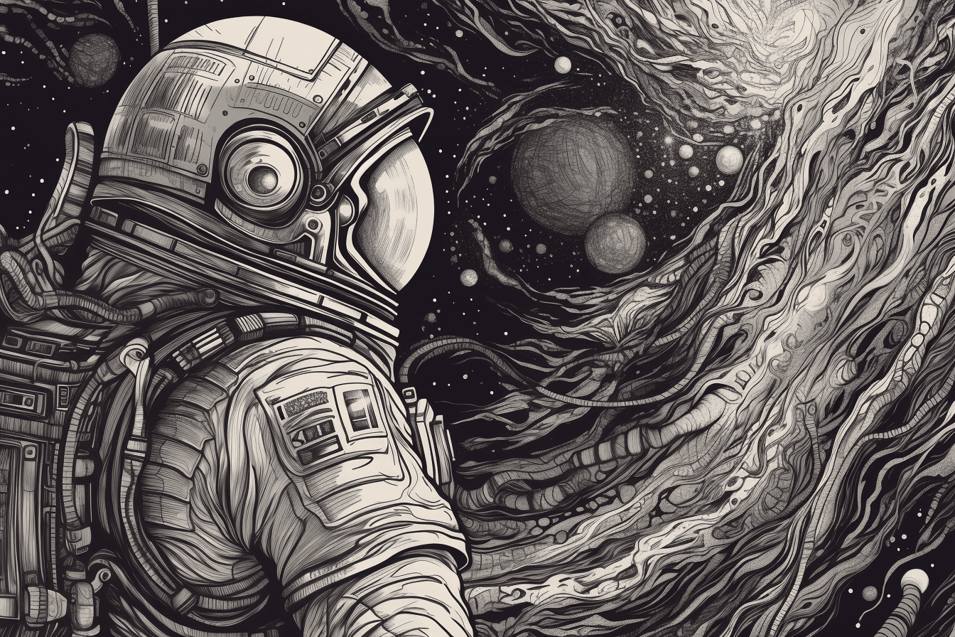 A black and white outline of an astronaut exploring a distant planet, with intricate details and shading.