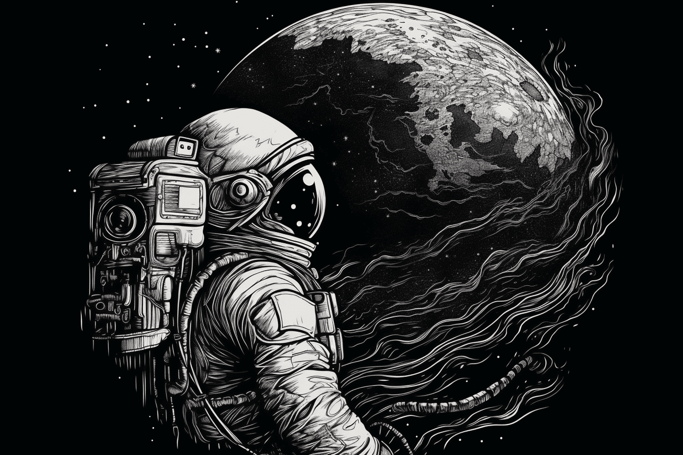 A black and white outline of an astronaut exploring a distant planet, with intricate details and shading.