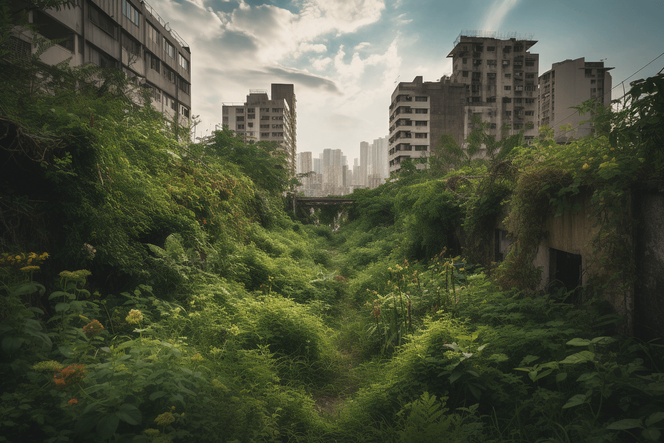 A cityscape overtaken by nature