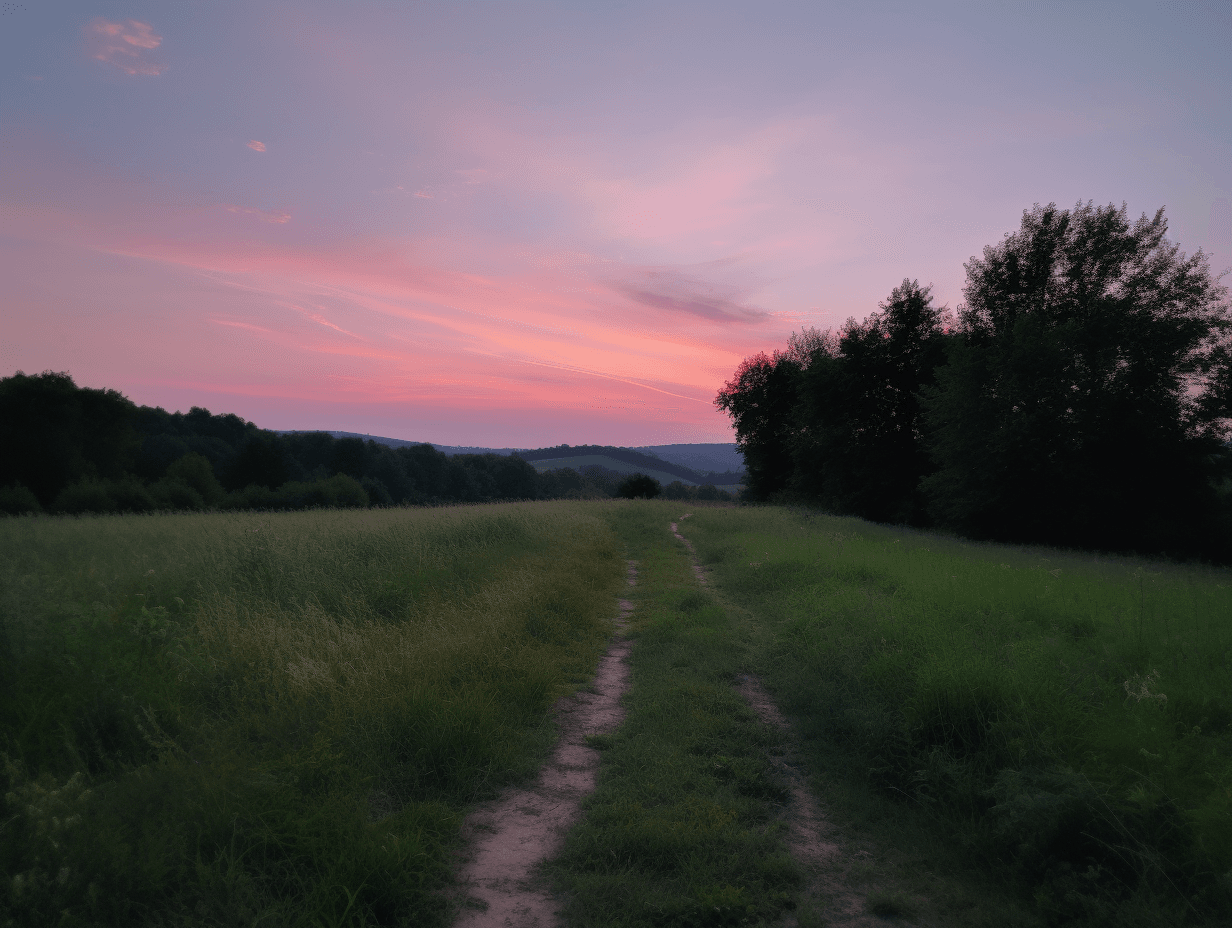 a clear, beautiful sky with beautiful sunset sky., in the style of french countryside, pink and green, voigtlander bessa r2m, hikecore, 32k uhd, cottagepunk, biedermeier