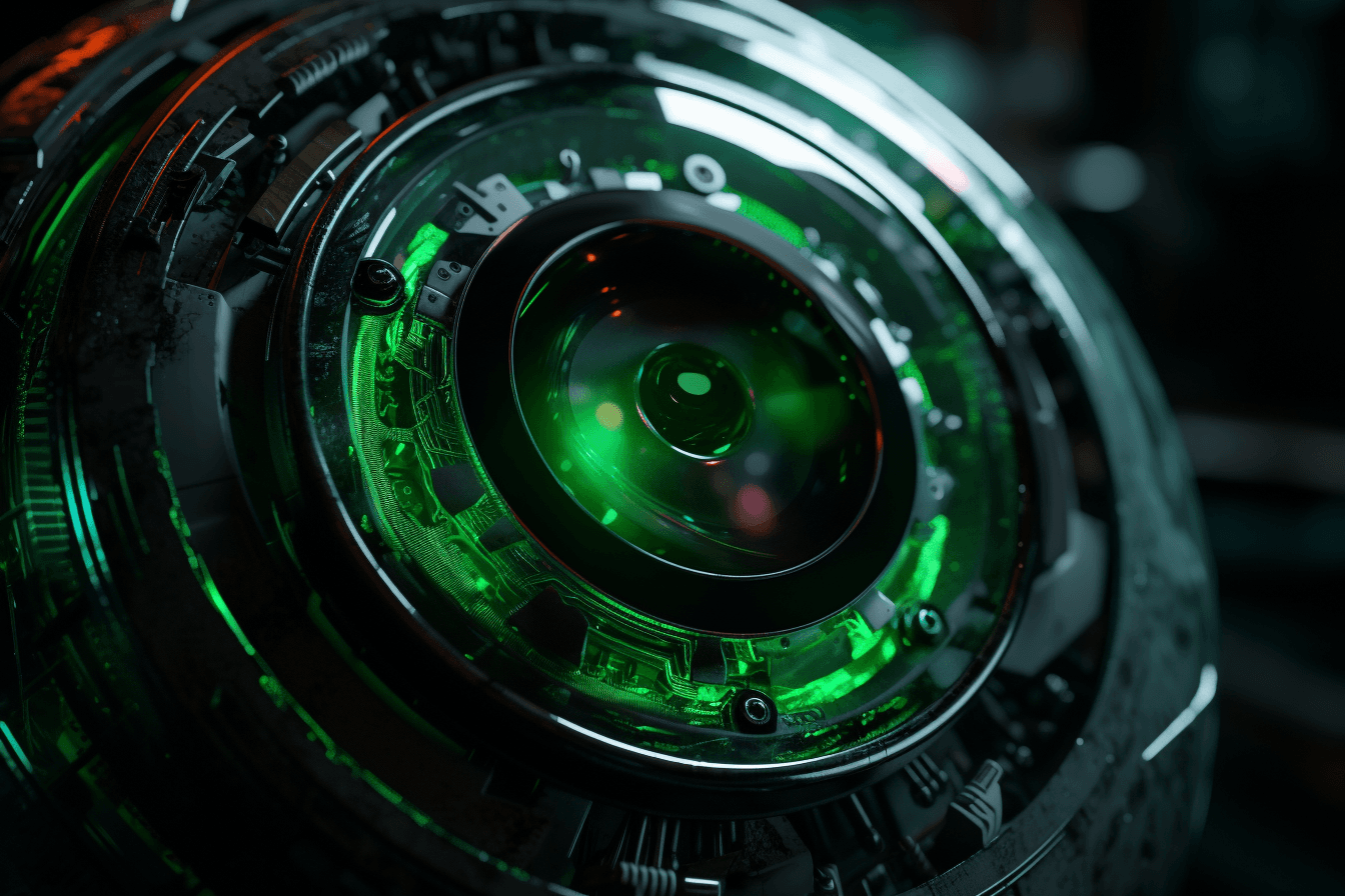 A close-up image of a robot's eye with neon green accents