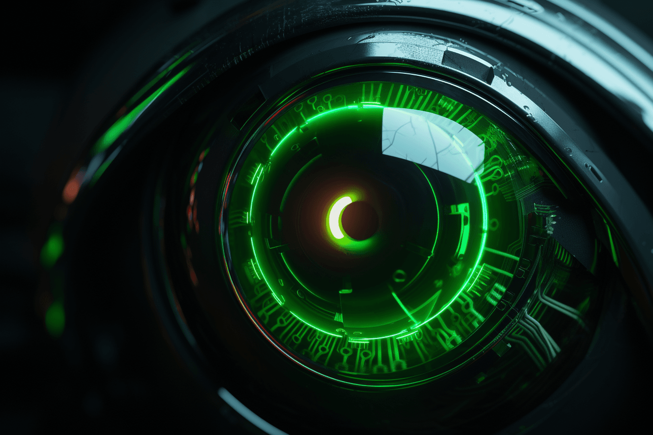 A close-up image of a robot's eye with neon green accents