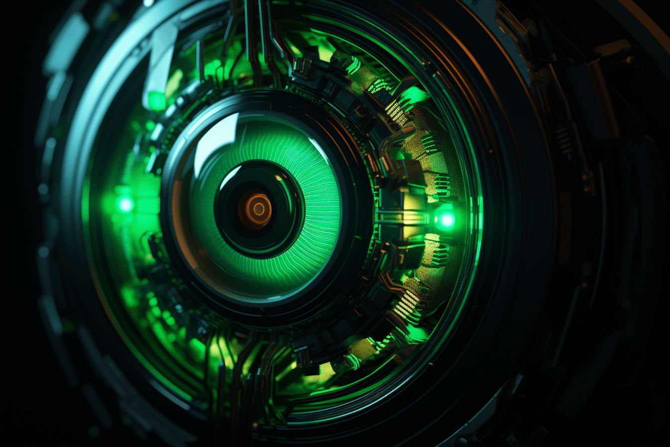 A close-up image of a robot's eye with neon green accents