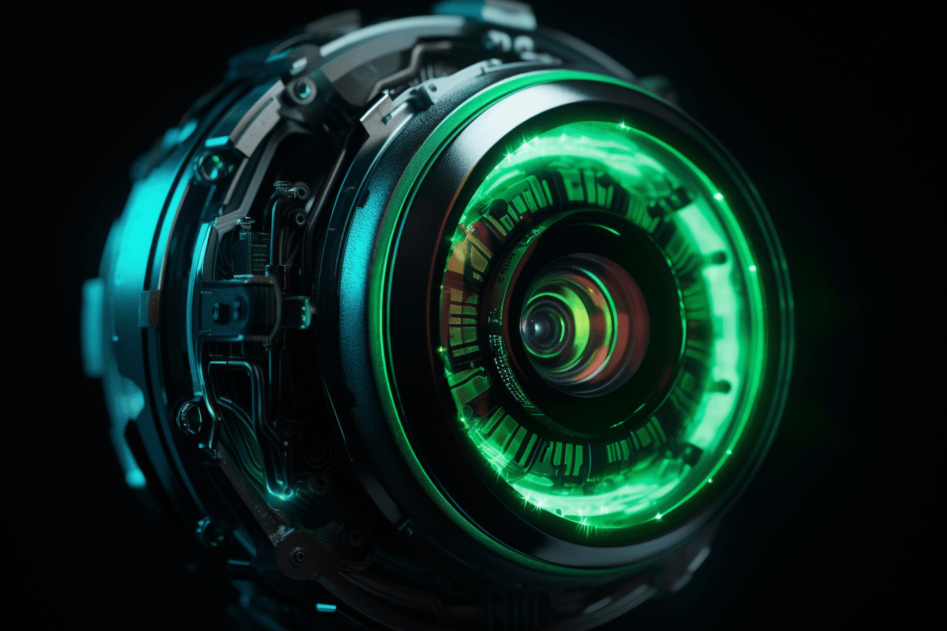 A close-up image of a robot's eye with neon green accents