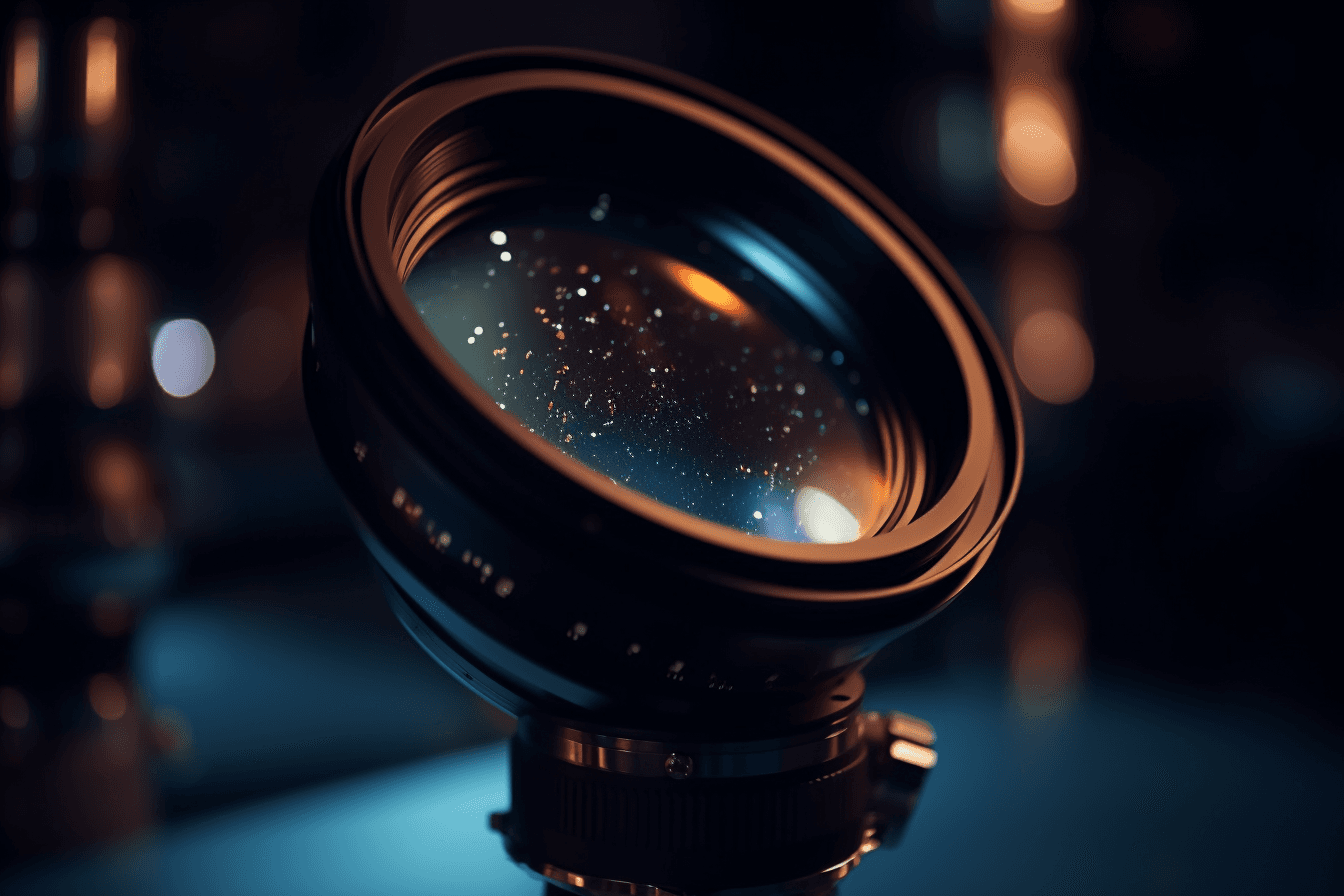 A close-up image of a telescope lens, with the stars and planets visible in the reflection.