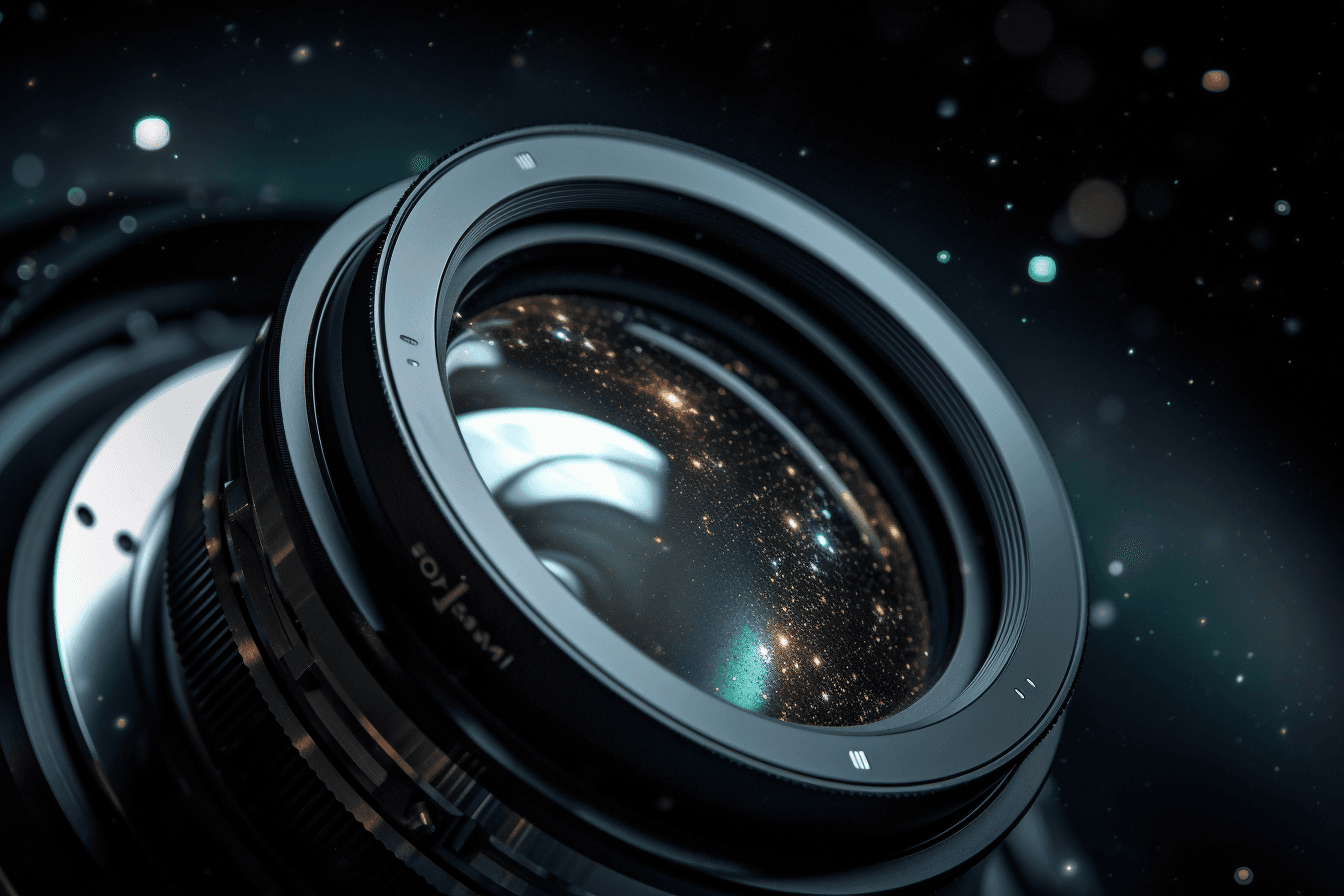 A close-up image of a telescope lens, with the stars and planets visible in the reflection.