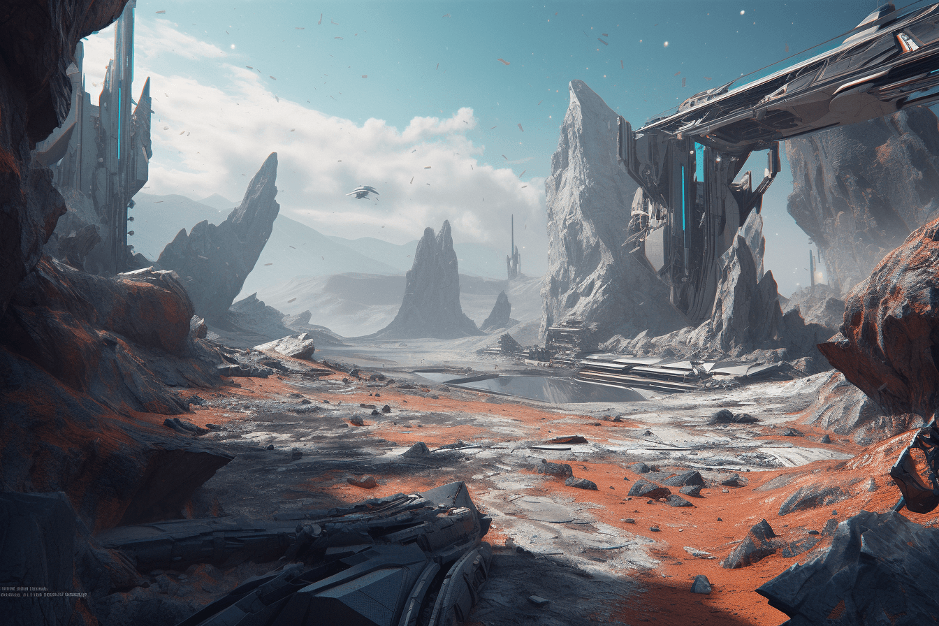 A csg-style rendering of an alien landscape, with sharp angles and contrasting colors that create a futuristic and industrial vibe.