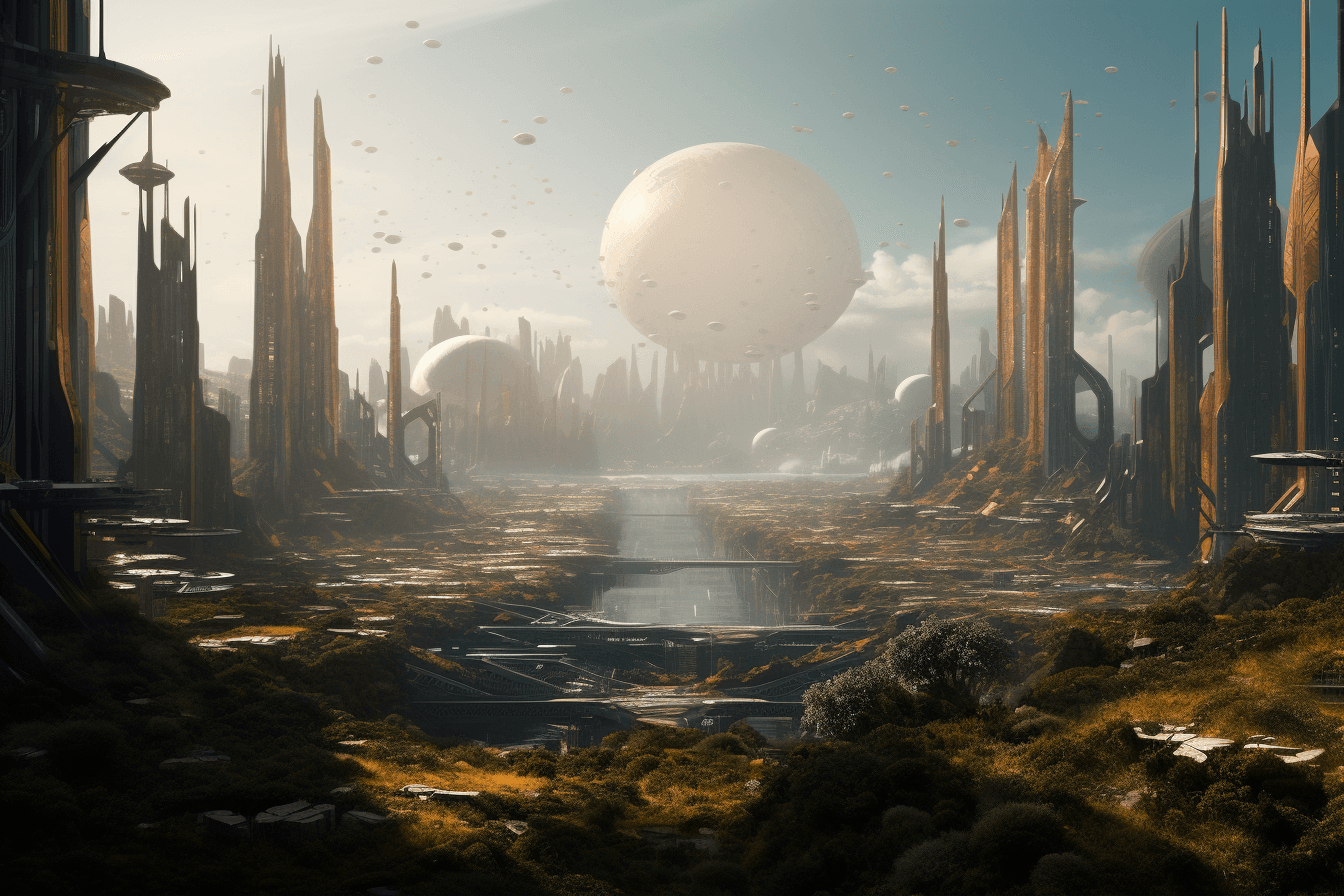 A digital illustration of a city on a distant planet, with towering buildings and advanced technology.