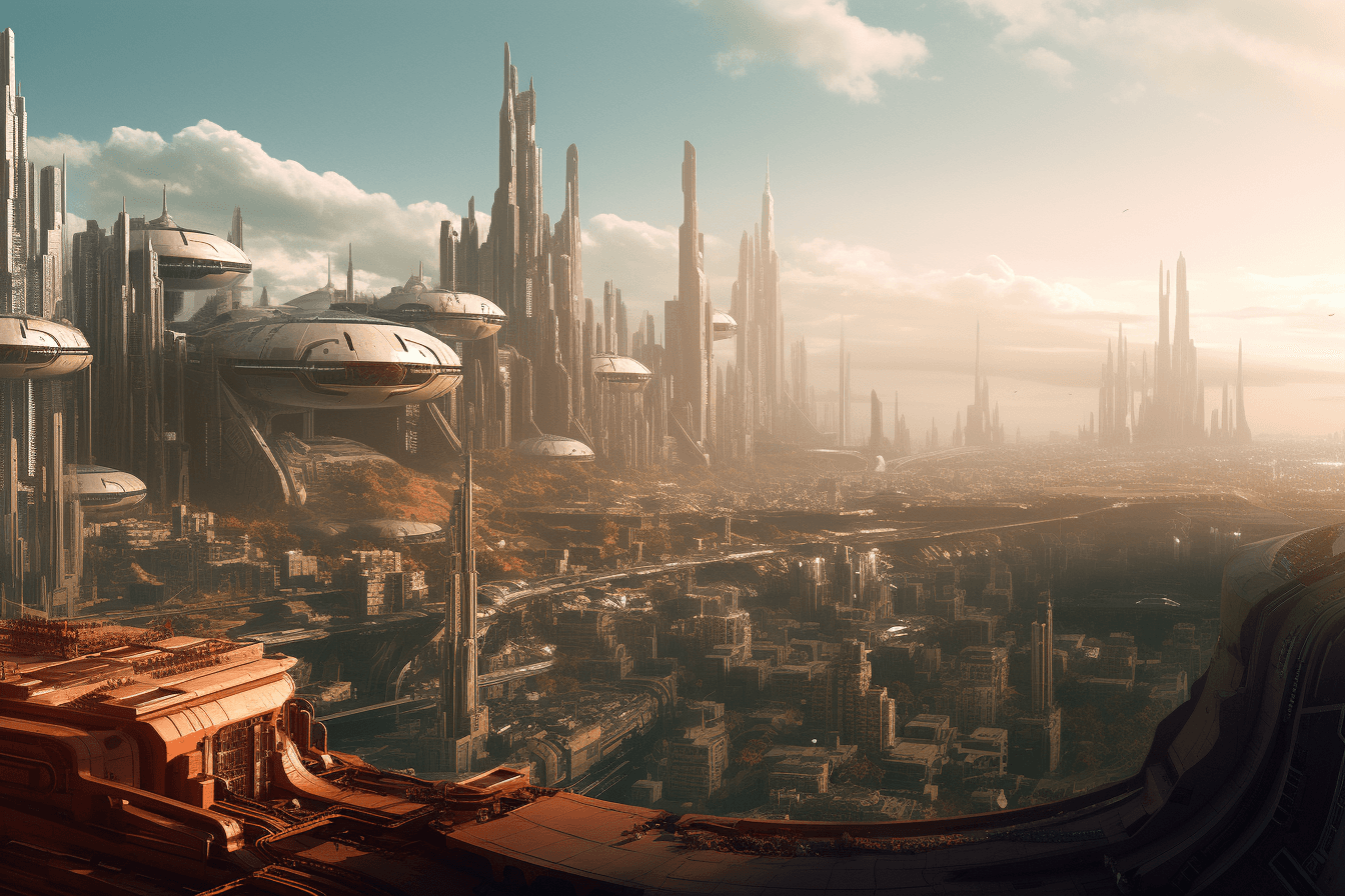 A digital illustration of a city on a distant planet, with towering buildings and advanced technology.