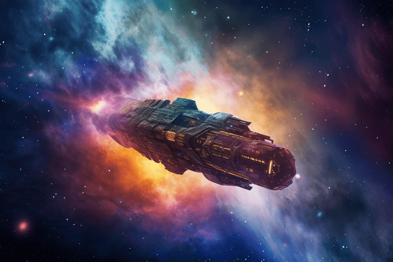 A digital illustration of a spaceship traveling through a colorful nebula.