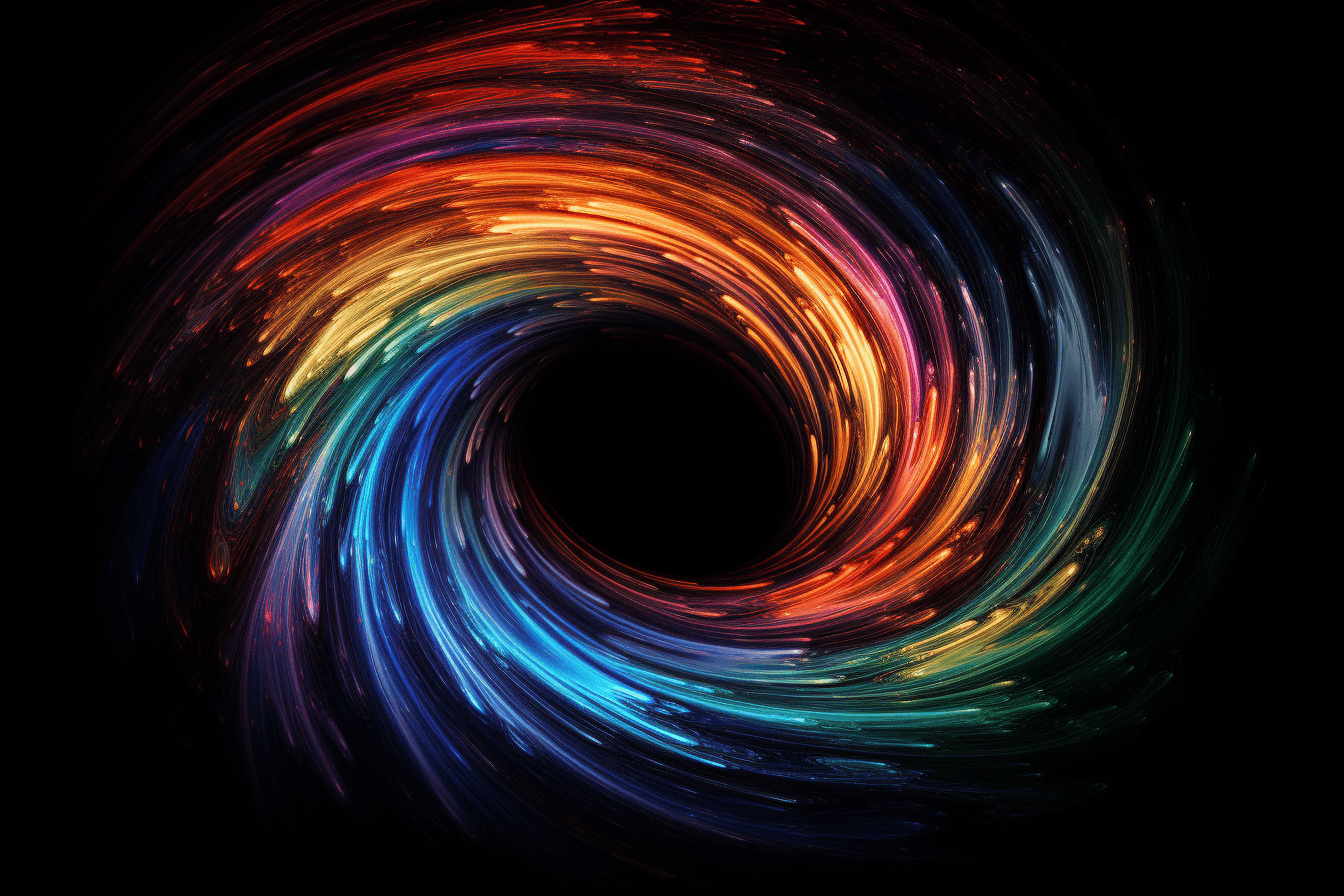 A digital image of a black hole, with the distorted shapes and bright colors representing the extreme gravity.