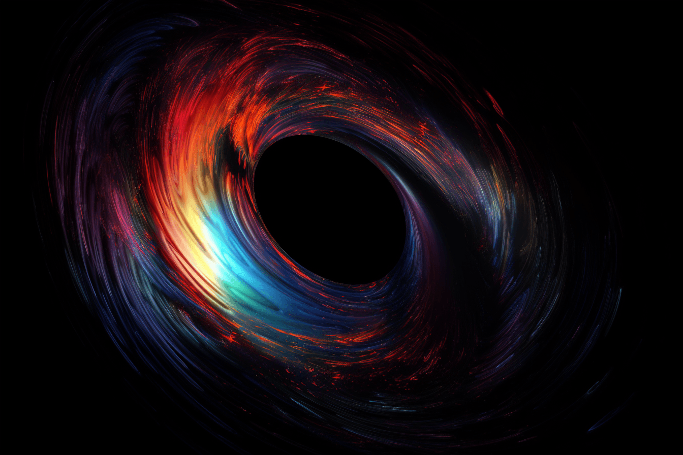 A digital image of a black hole, with the distorted shapes and bright colors representing the extreme gravity.