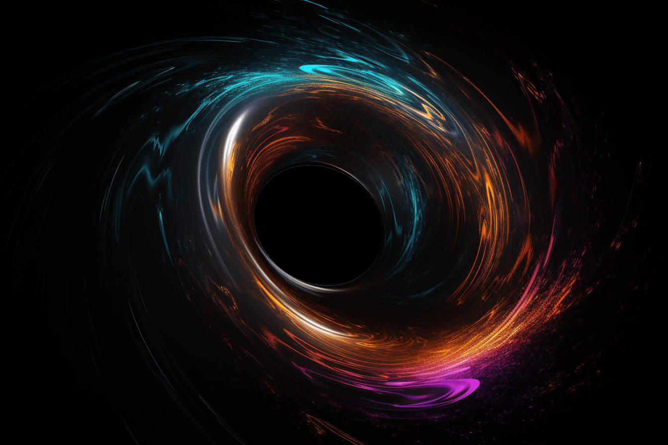 A digital image of a black hole, with the distorted shapes and bright colors representing the extreme gravity.