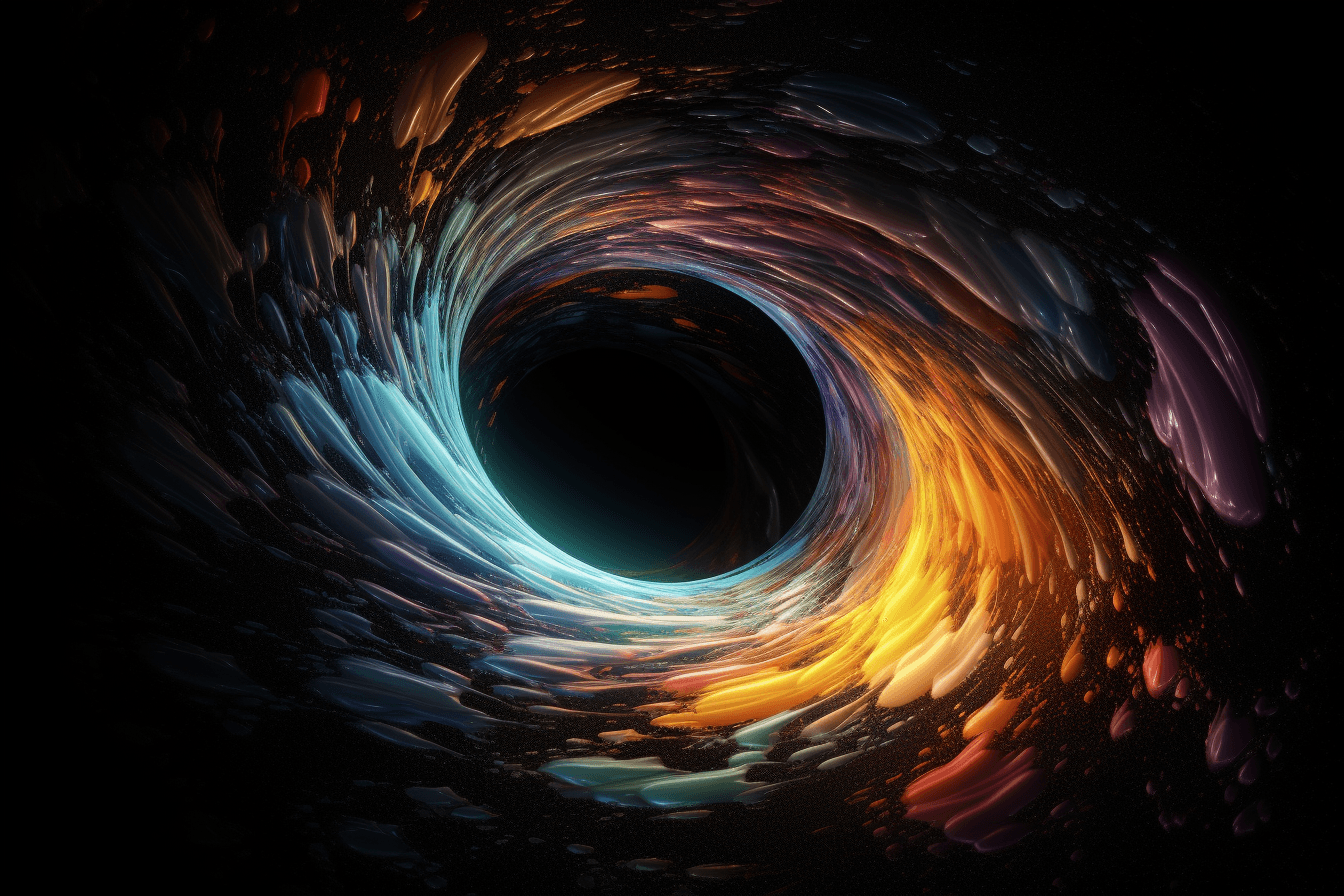 A digital image of a black hole, with the distorted shapes and bright colors representing the extreme gravity.