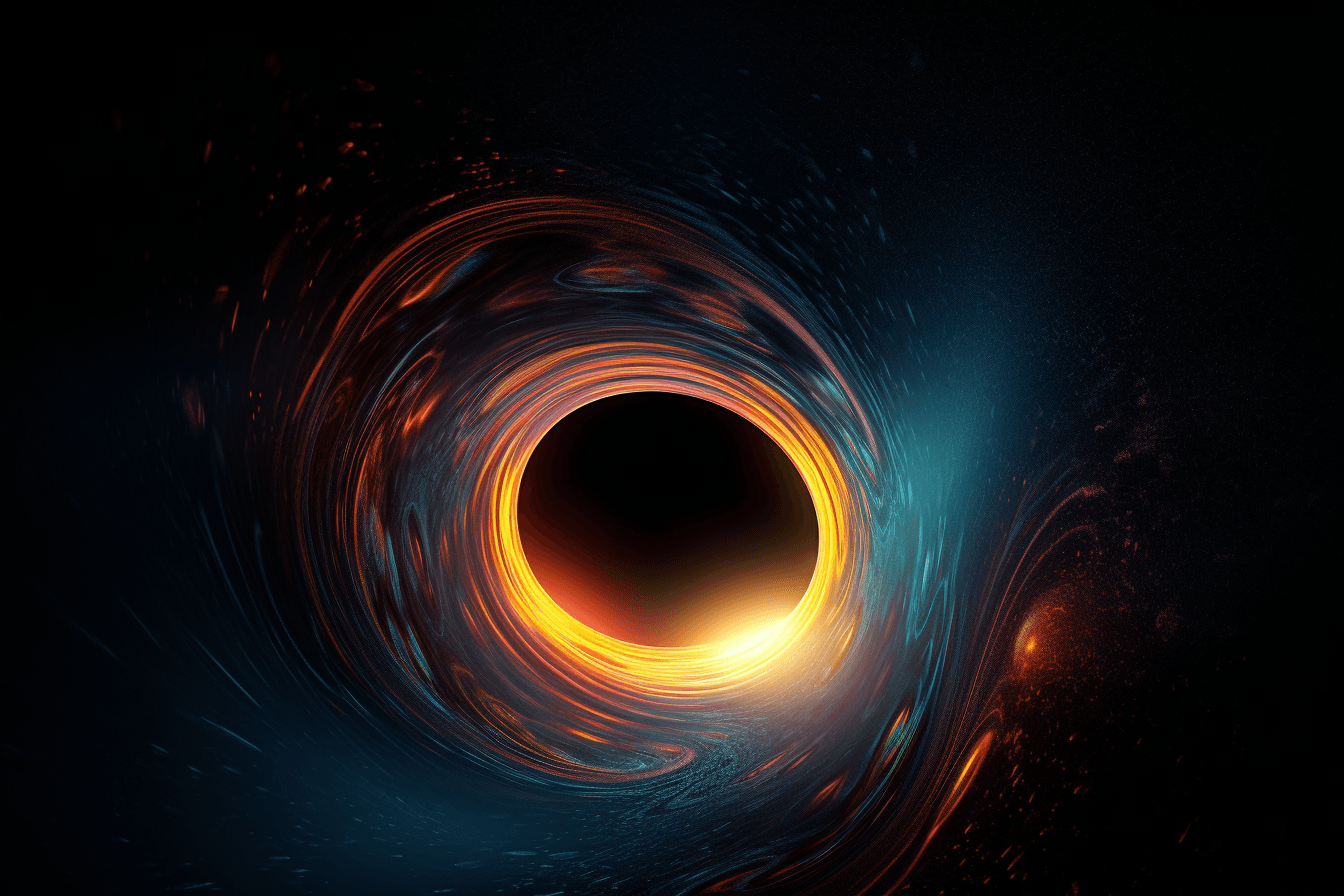 A digital image of a black hole, with the distorted shapes and bright colors representing the extreme gravity.