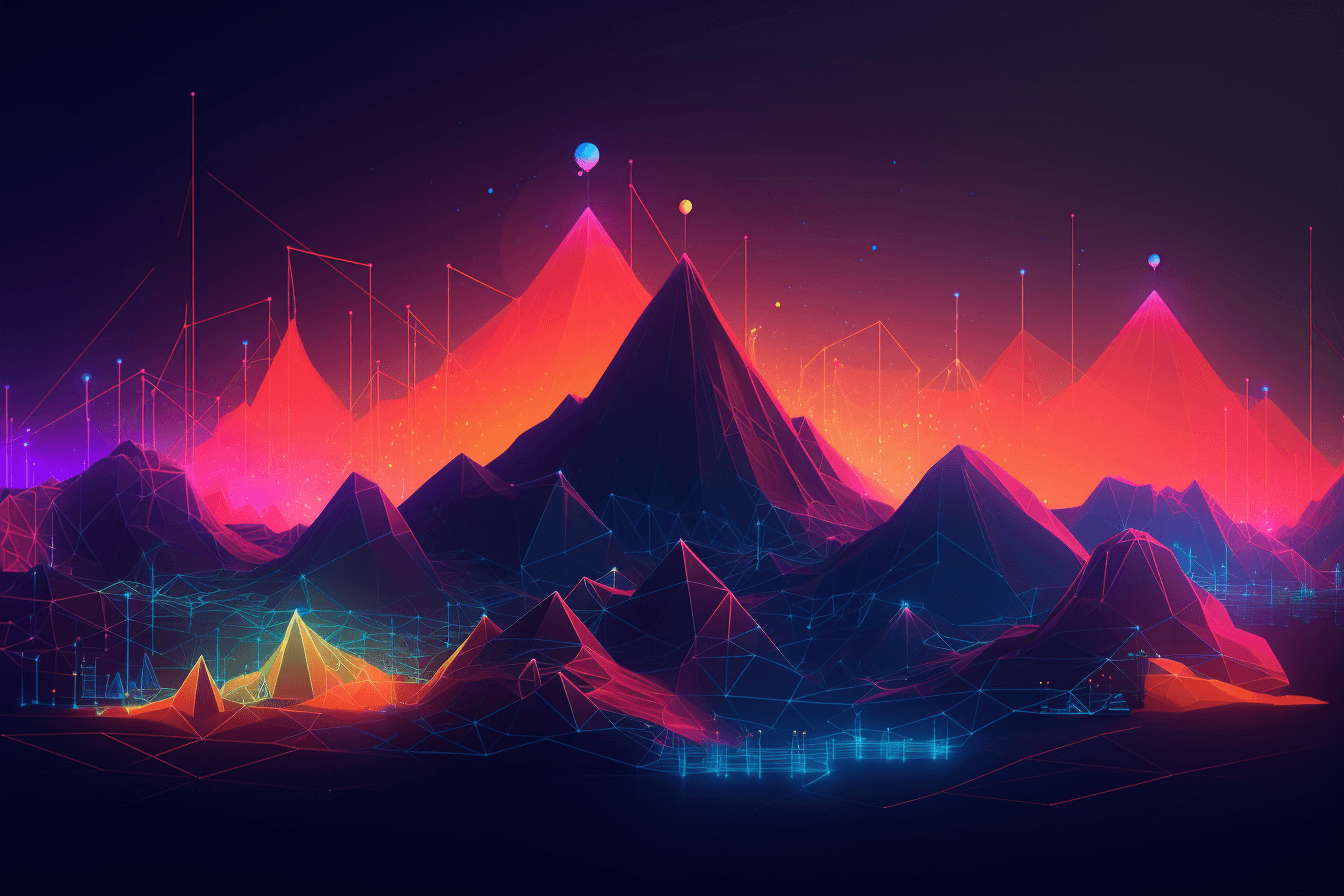 A digital landscape with geometric shapes and neon colors