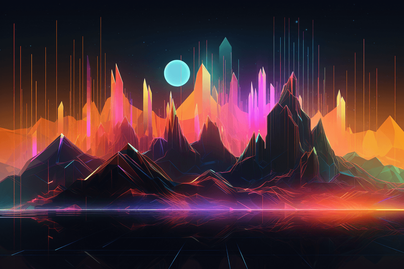 A digital landscape with geometric shapes and neon colors