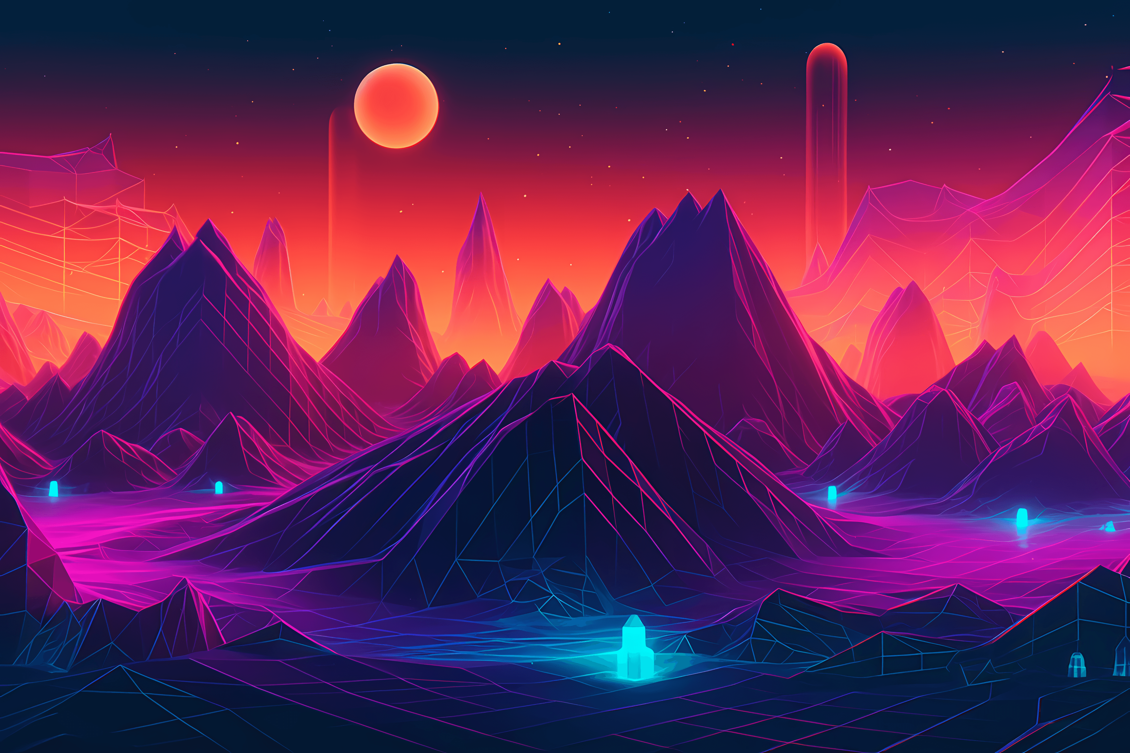 A digital landscape with geometric shapes and neon colors