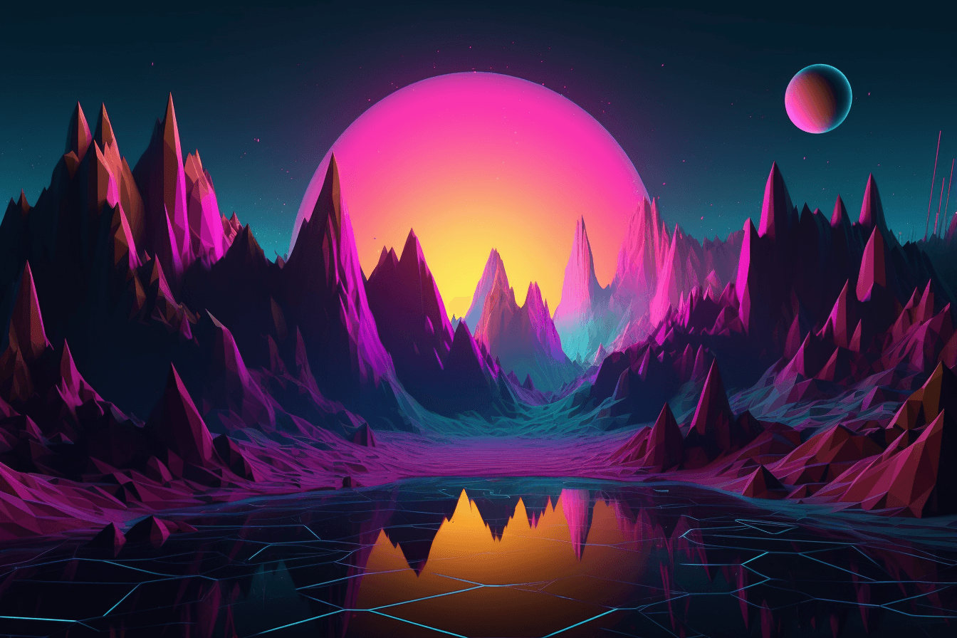 A digital landscape with geometric shapes and neon colors