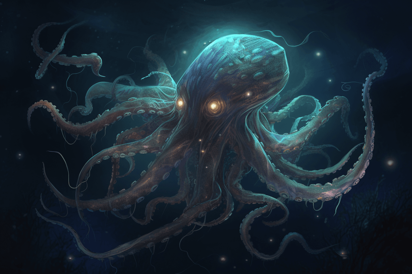 A digital painting of a deep sea creature, with tentacles and bioluminescent patterns evoking a sense of mystery and exploration.