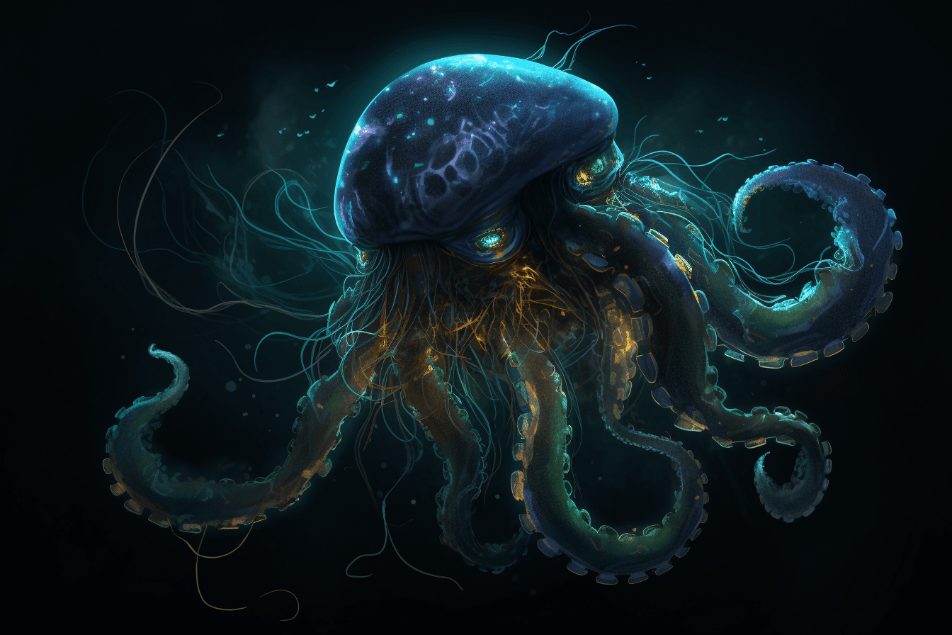 A digital painting of a deep sea creature, with tentacles and bioluminescent patterns evoking a sense of mystery and exploration.