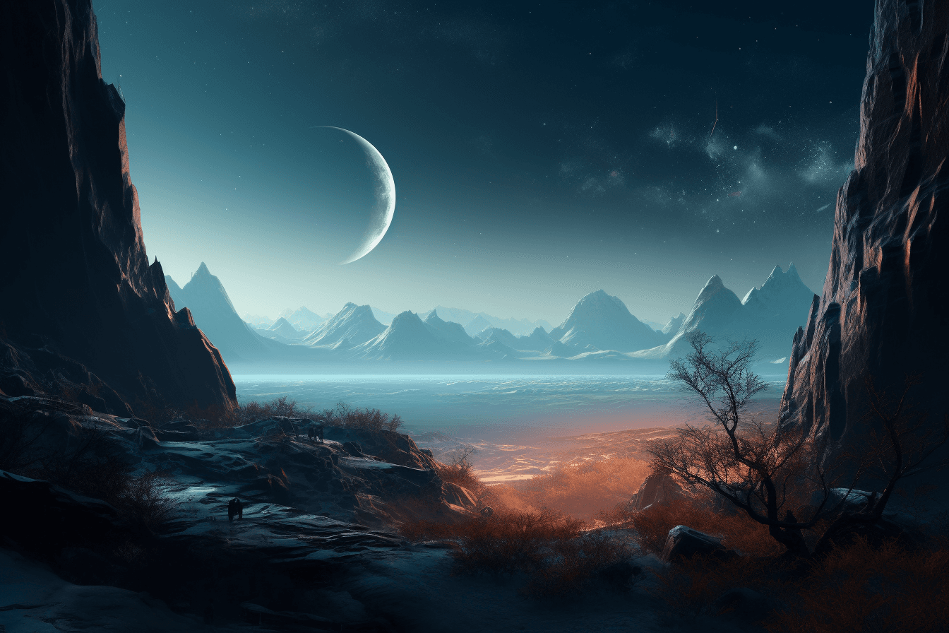 A digital painting of a distant planet, with a unique atmosphere and unusual terrain.