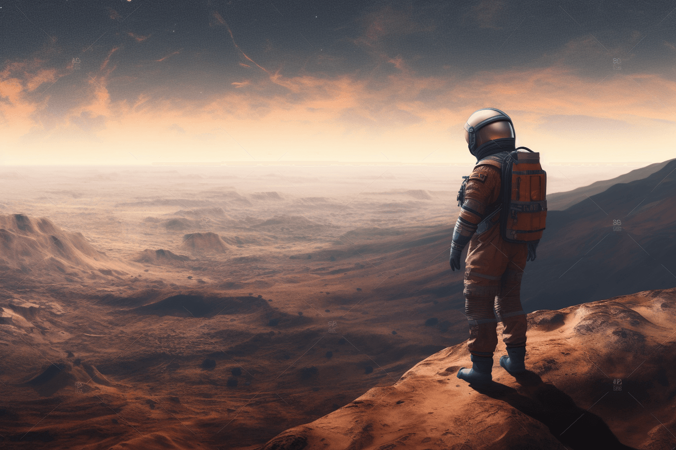 A digital painting of a lone astronaut standing on the edge of a crater, gazing out at the endless expanse of space.