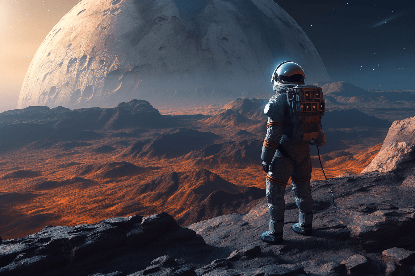 A digital painting of a lone astronaut standing on the edge of a crater, gazing out at the endless expanse of space.