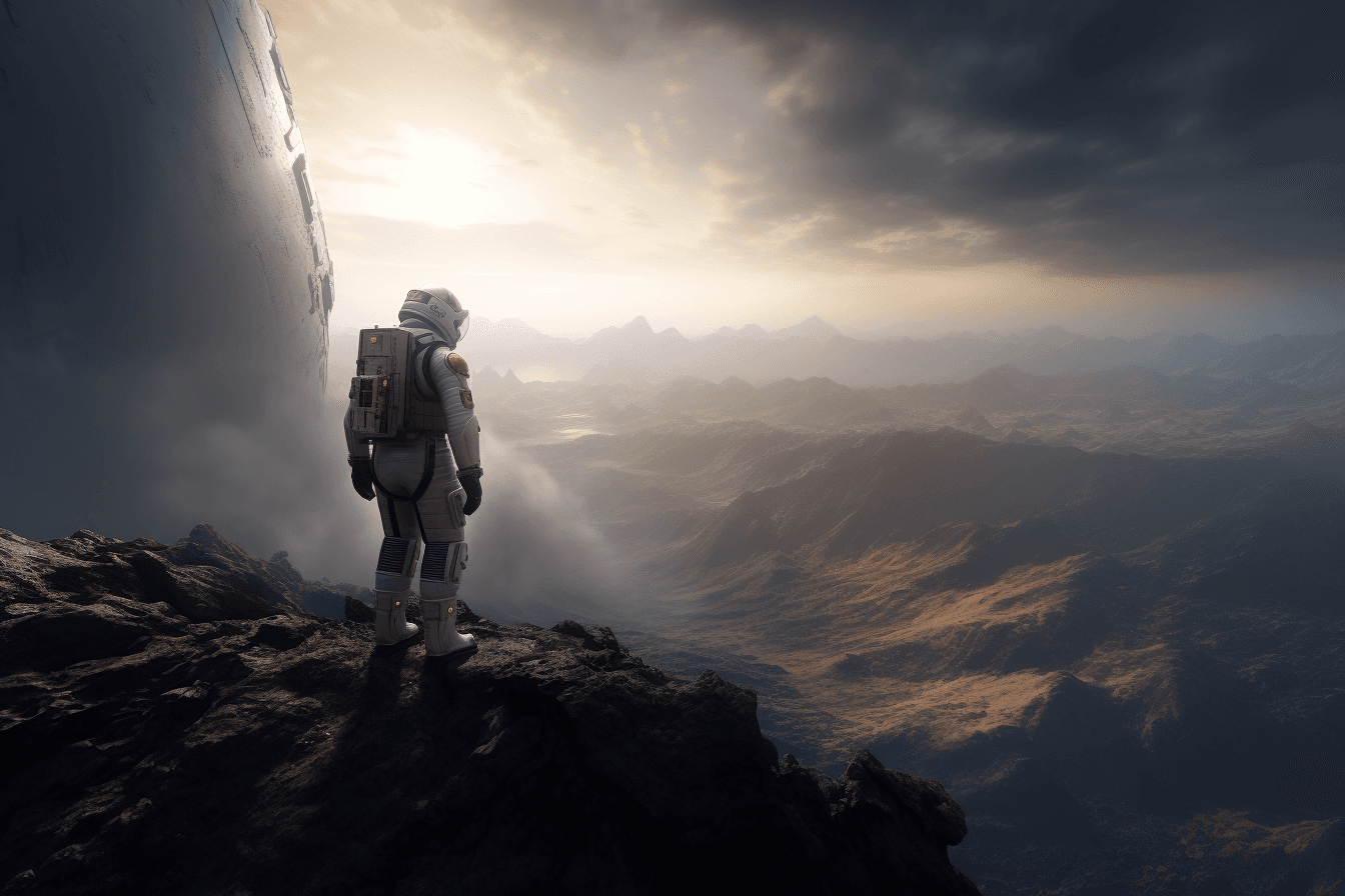 A digital painting of a lone astronaut standing on the edge of a crater, gazing out at the endless expanse of space.