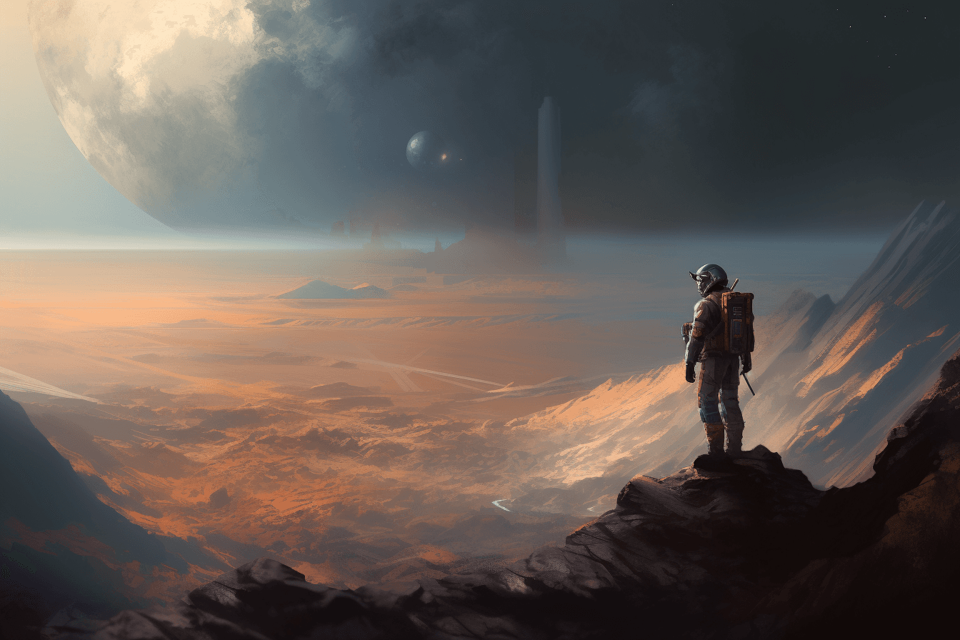 A digital painting of a lone astronaut standing on the edge of a crater, gazing out at the endless expanse of space.