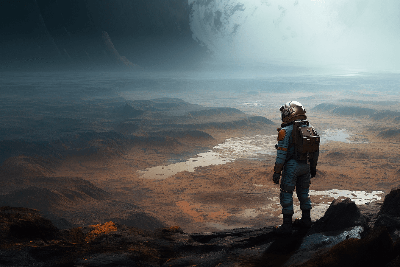 A digital painting of a lone astronaut standing on the edge of a crater, gazing out at the endless expanse of space.