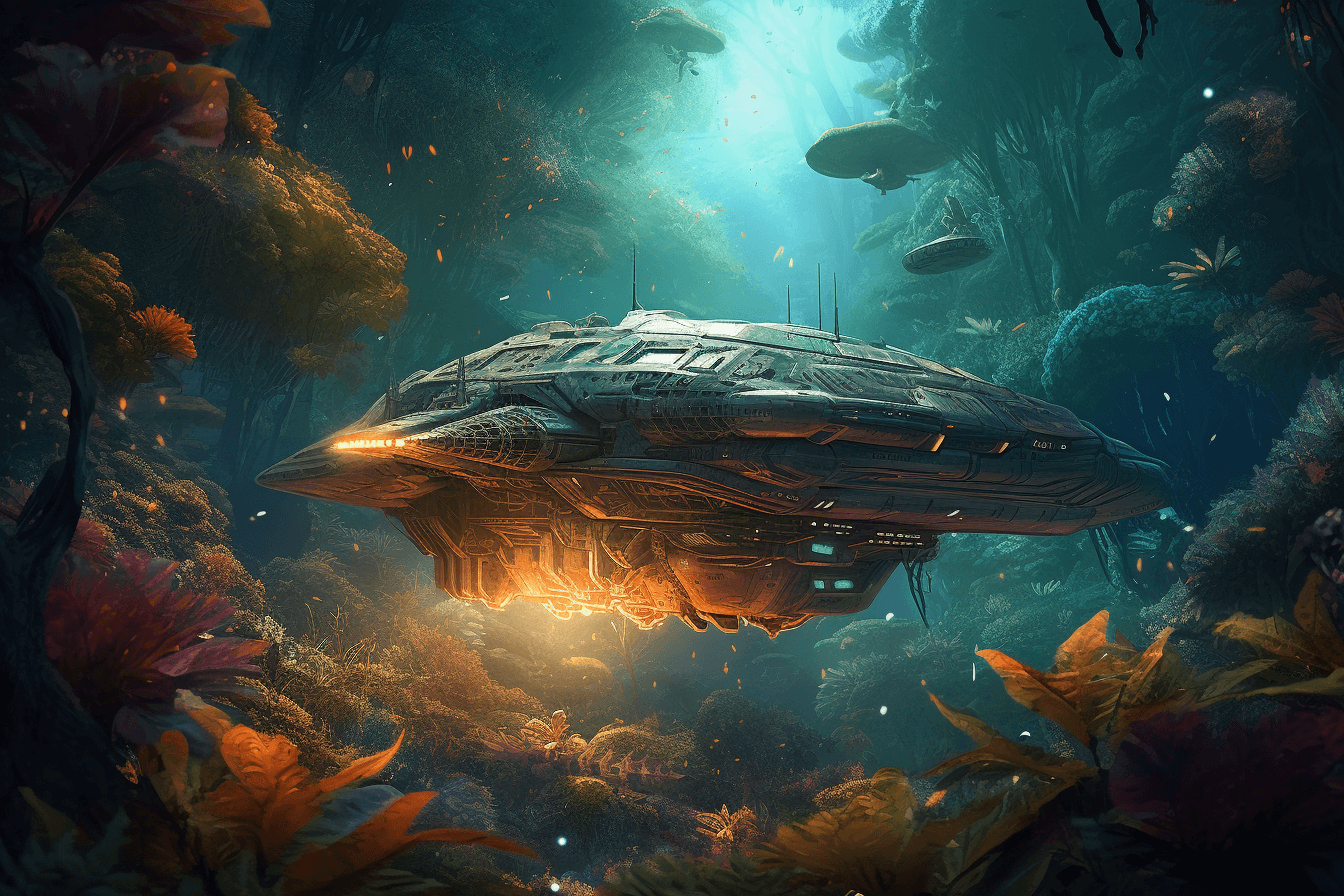 A digital painting of a spaceship approaching an alien planet, with unusual flora and fauna visible on the surface.