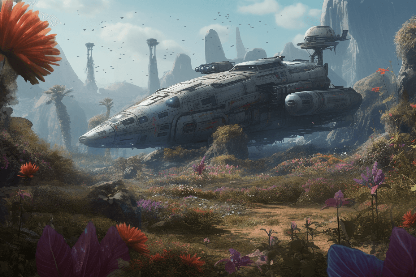 A digital painting of a spaceship approaching an alien planet, with unusual flora and fauna visible on the surface.