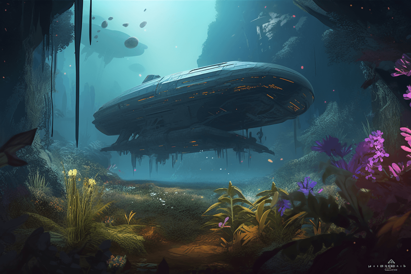 A digital painting of a spaceship approaching an alien planet, with unusual flora and fauna visible on the surface.