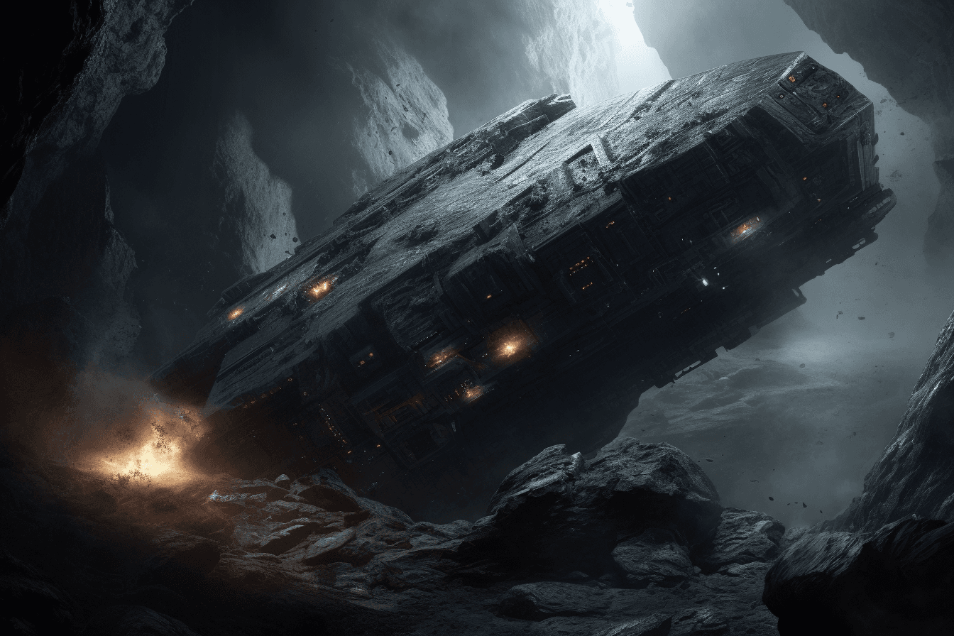 A digital painting of a spaceship exploring an asteroid field, with the rocky terrain and dangerous debris creating a sense of adventure and challenge.