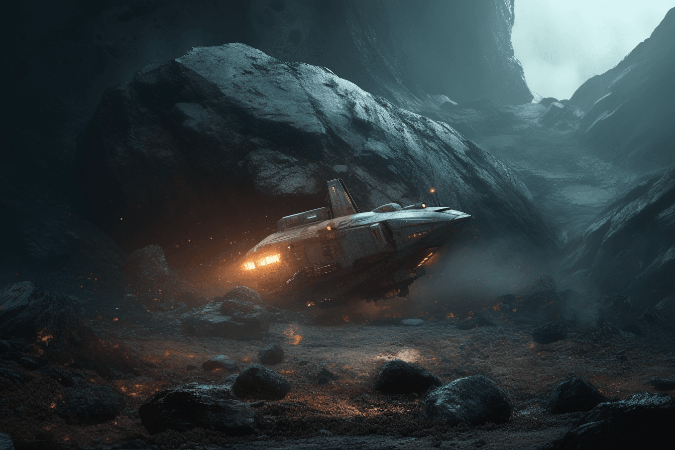 A digital painting of a spaceship exploring an asteroid field, with the rocky terrain and dangerous debris creating a sense of adventure and challenge.