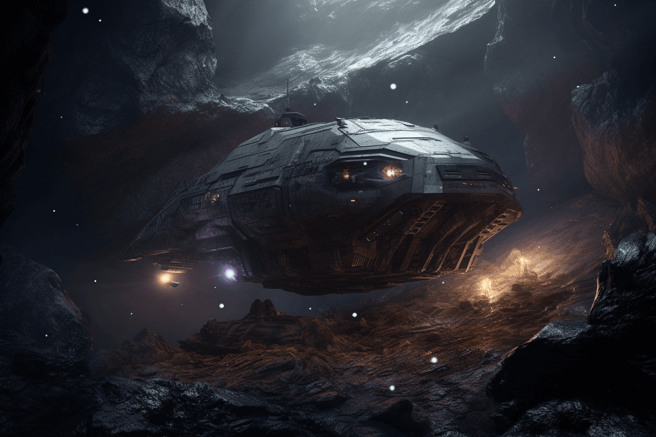 A digital painting of a spaceship exploring an asteroid field, with the rocky terrain and dangerous debris creating a sense of adventure and challenge.