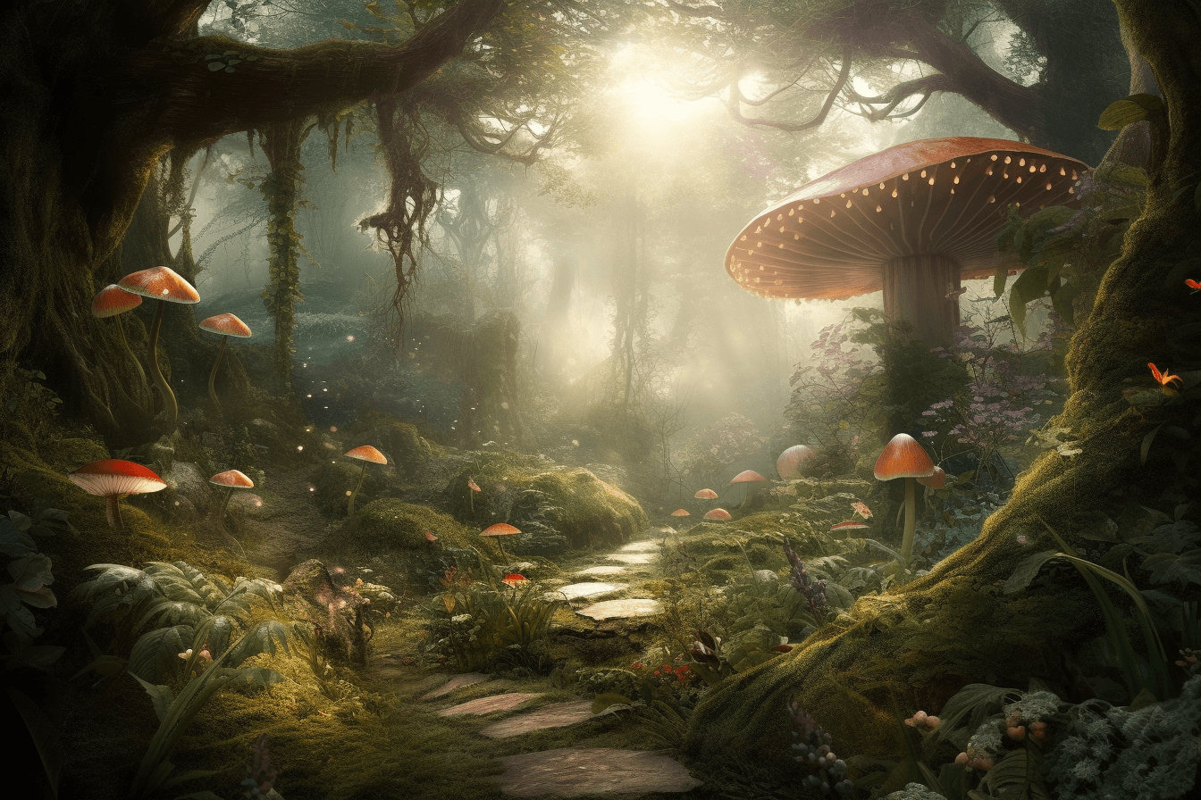 A dreamy forest scene with fairies