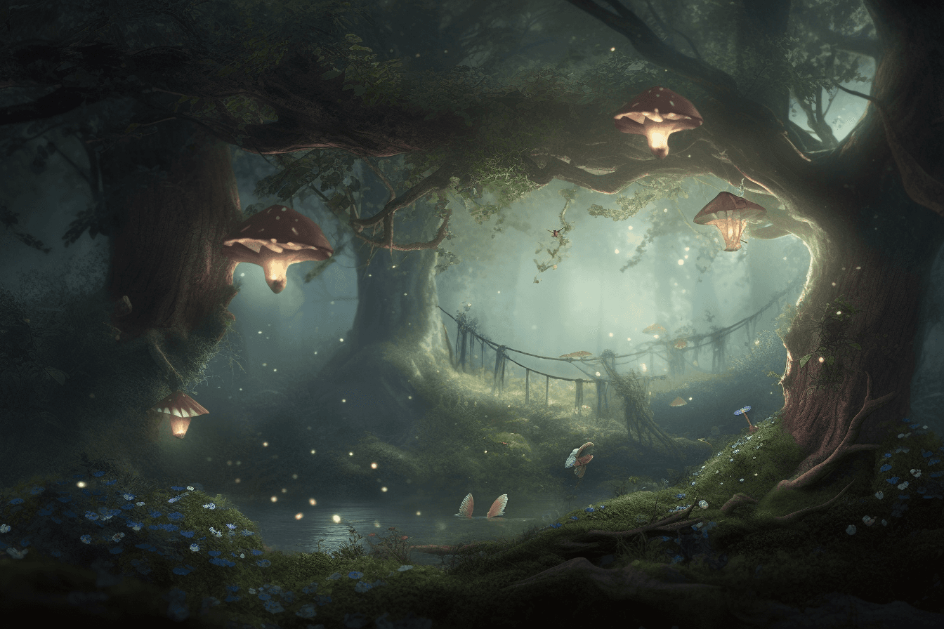 A dreamy forest scene with fairies