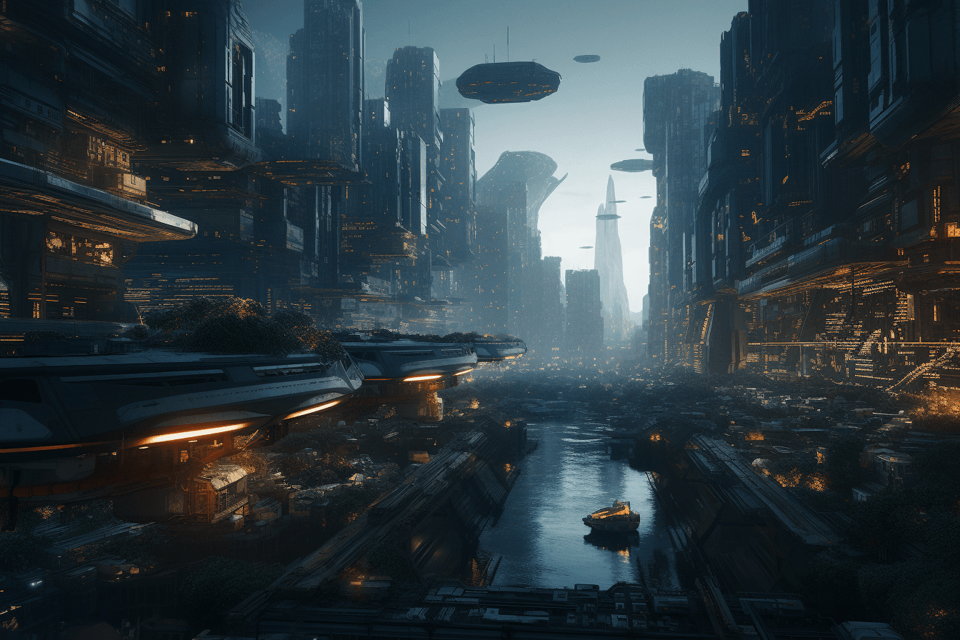 A futuristic cityscape where AInauts and AI work together to create massive, sustainable structures and infrastructure.