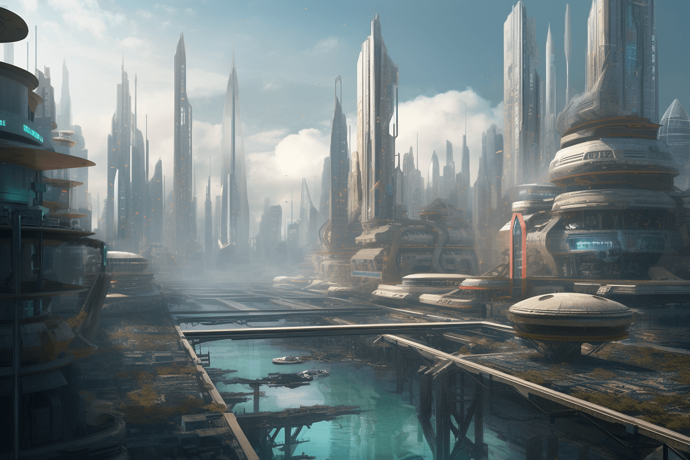 A futuristic cityscape where AInauts and their AI counterparts work together to build towering skyscrapers and infrastructure.