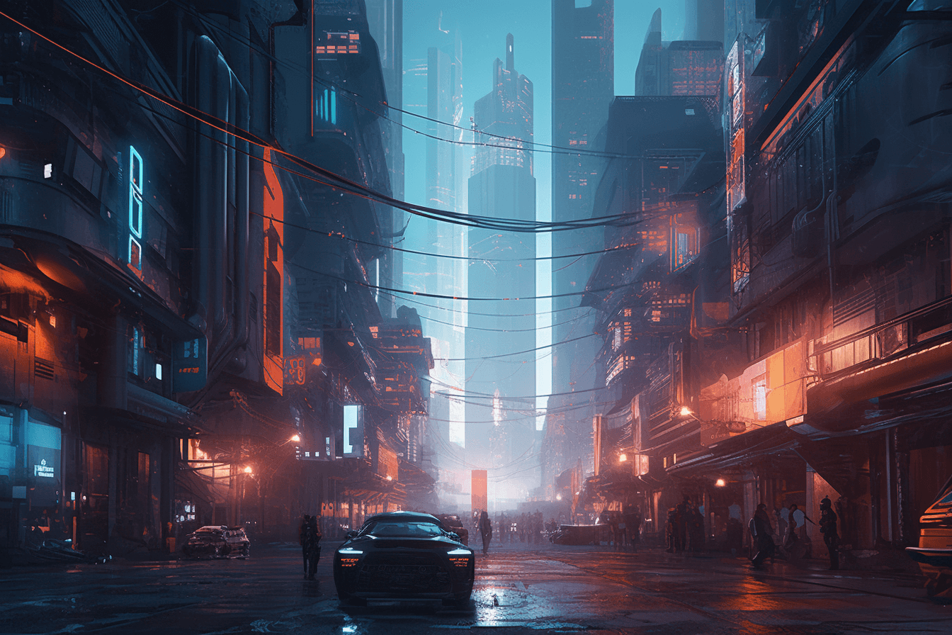 A futuristic cityscape where AInauts use advanced AI technology to monitor and maintain the city's infrastructure and systems.