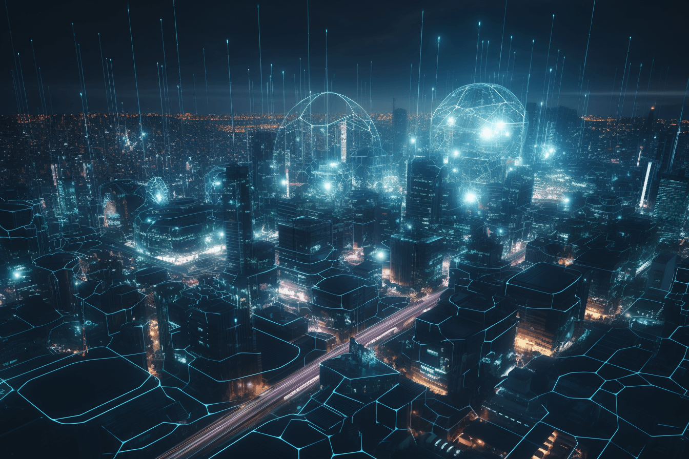 A futuristic cityscape where AInauts use advanced AI technology to monitor and maintain the city's infrastructure and systems.