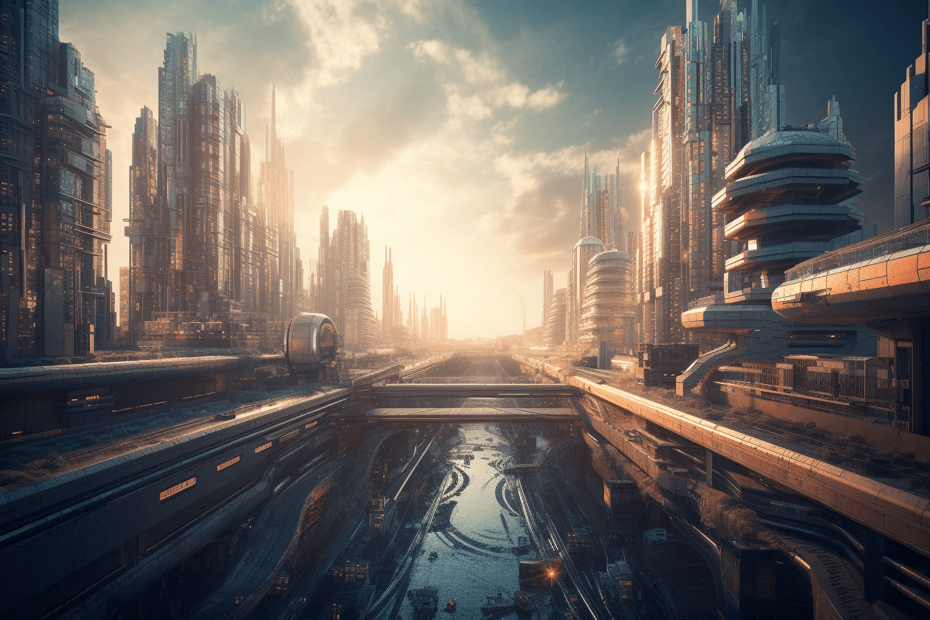 A futuristic cityscape where AInauts use advanced AI technology to monitor and maintain the city's infrastructure and systems.