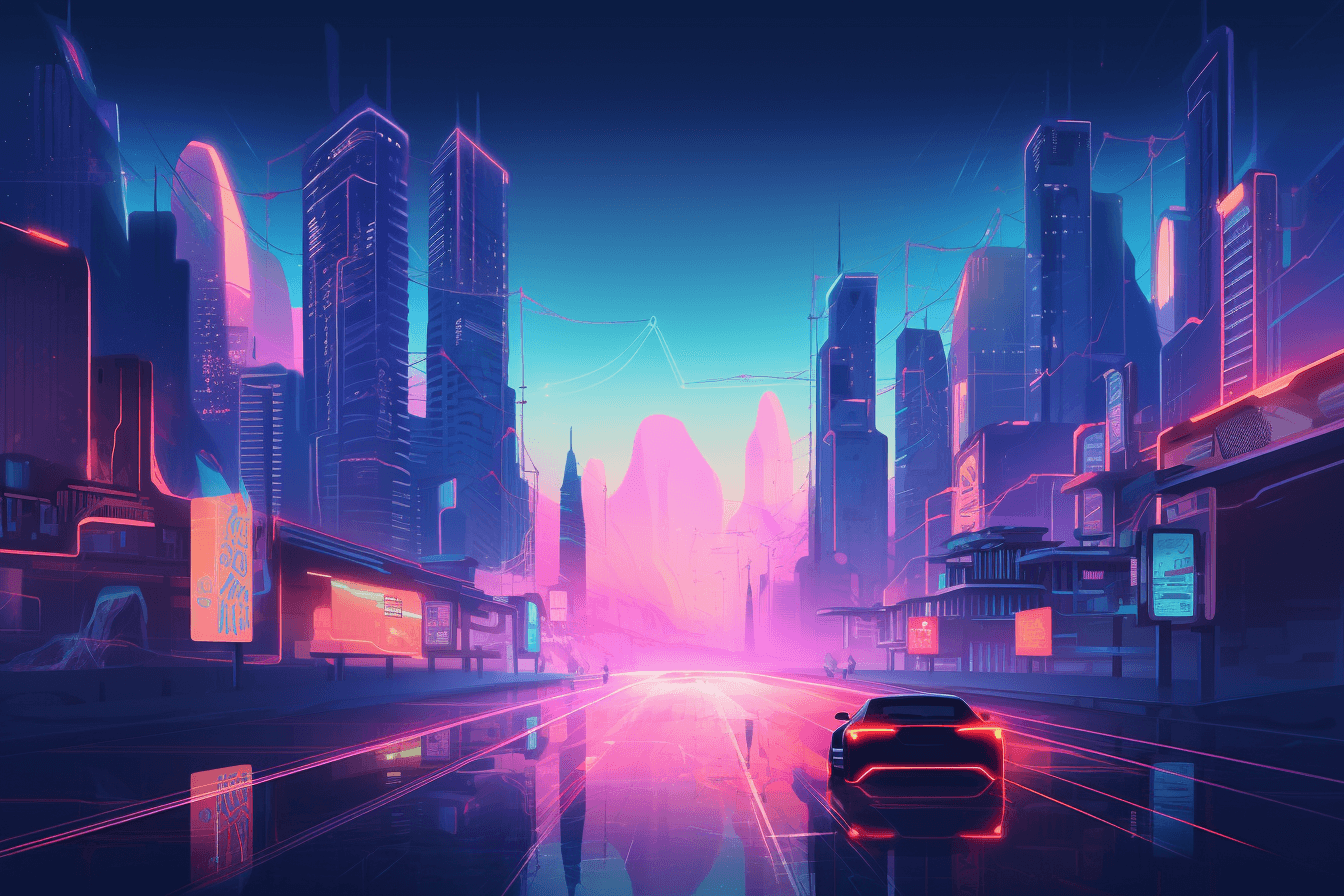 A futuristic cityscape with holographic billboards and flying cars